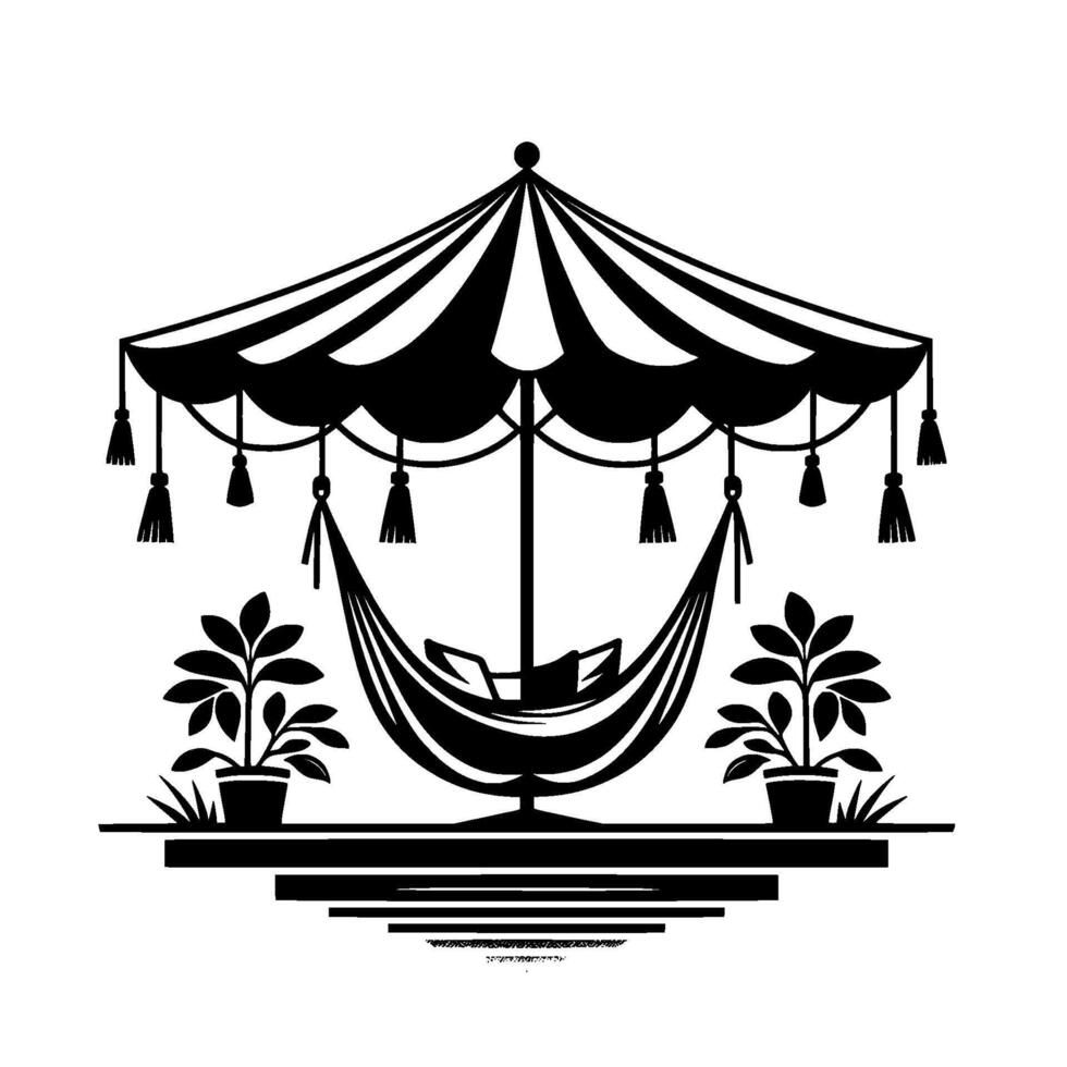 Relaxing Black White Outdoor Scene Hammock, Plants, Parasol vector