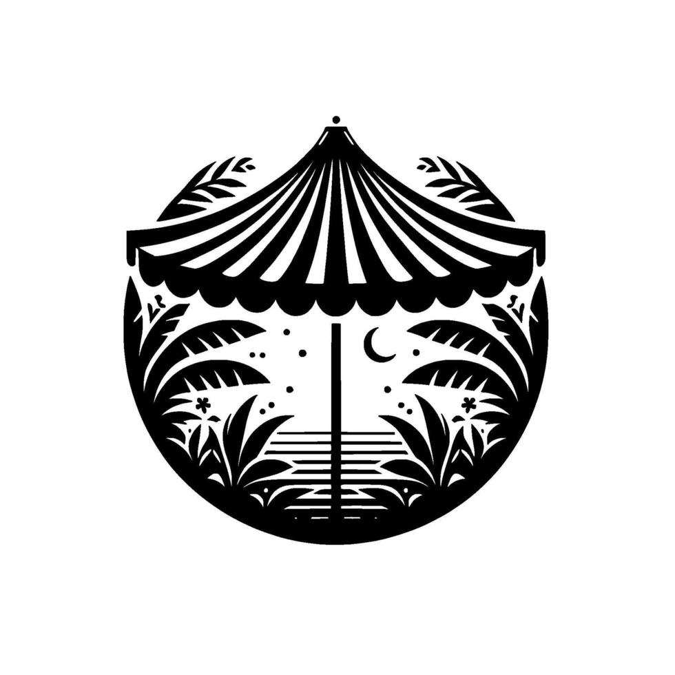 Black White Tropical Paradise Circle Beach Umbrella Palm Silhouette vector