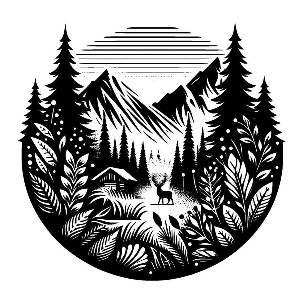 Monochrome Forest Scene Deer Cabin in a Circular vector