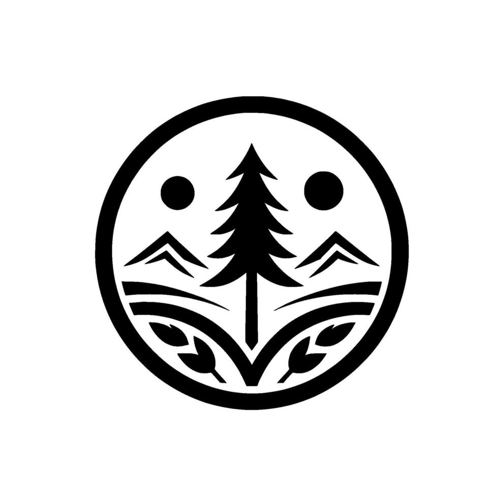 Minimalist Nature Pine Tree, Mountains Sun in Circle vector