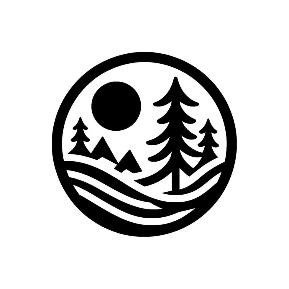 Minimalist Black and White Nature Circle Trees, Mountains Sun vector