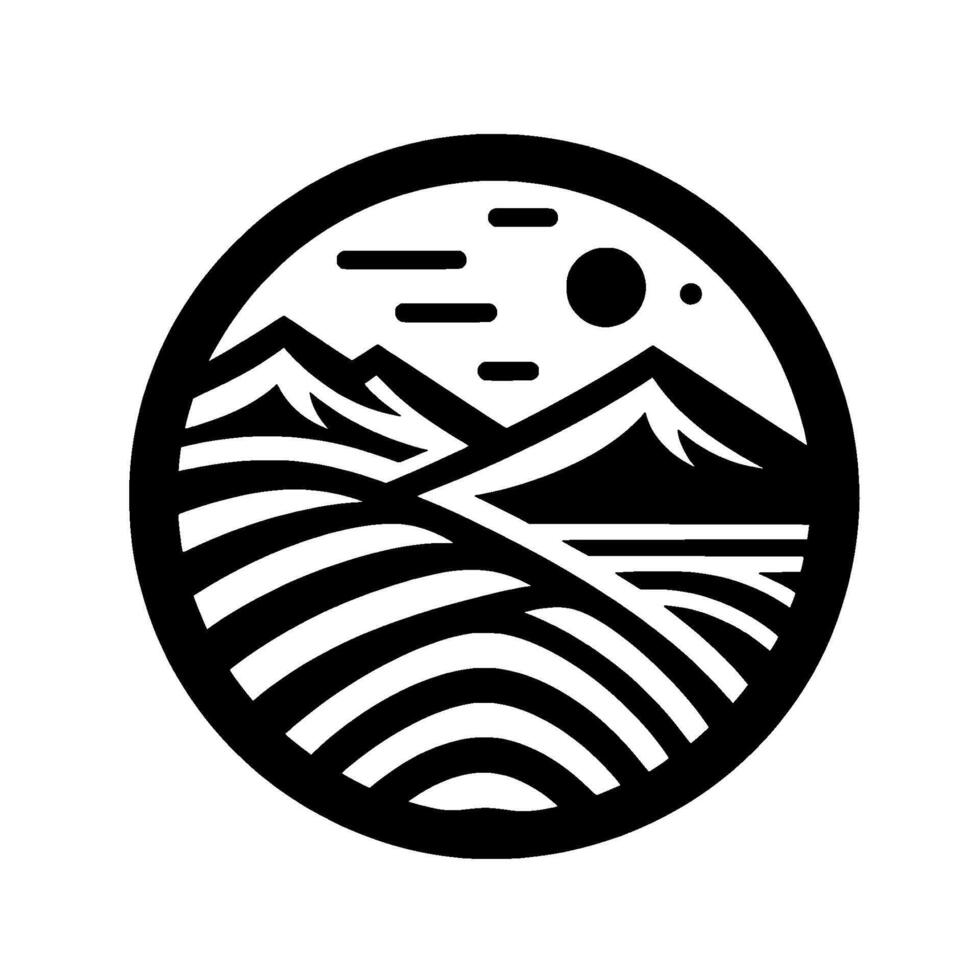 Minimalist Circular Landscape Mountains, Sun, Fields vector