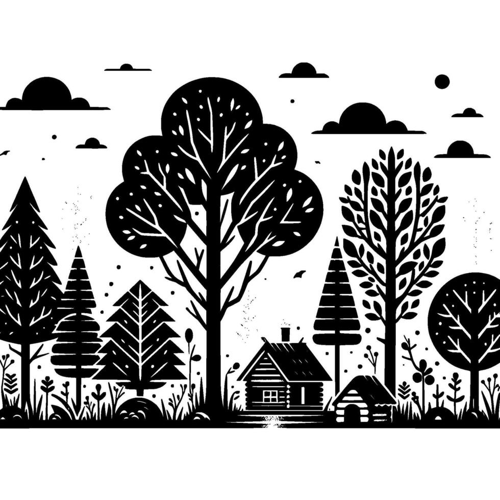 Silhouette Forest with Cabin Illustration vector