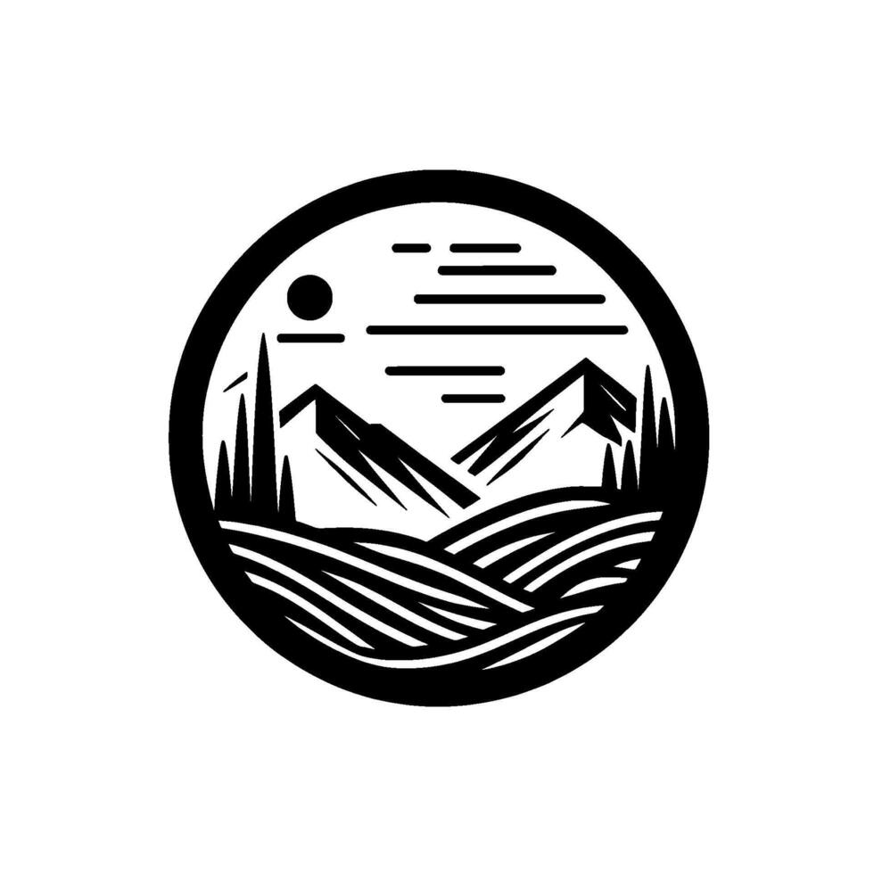 Minimalist Mountain Landscape in Circle Black White Illustration vector