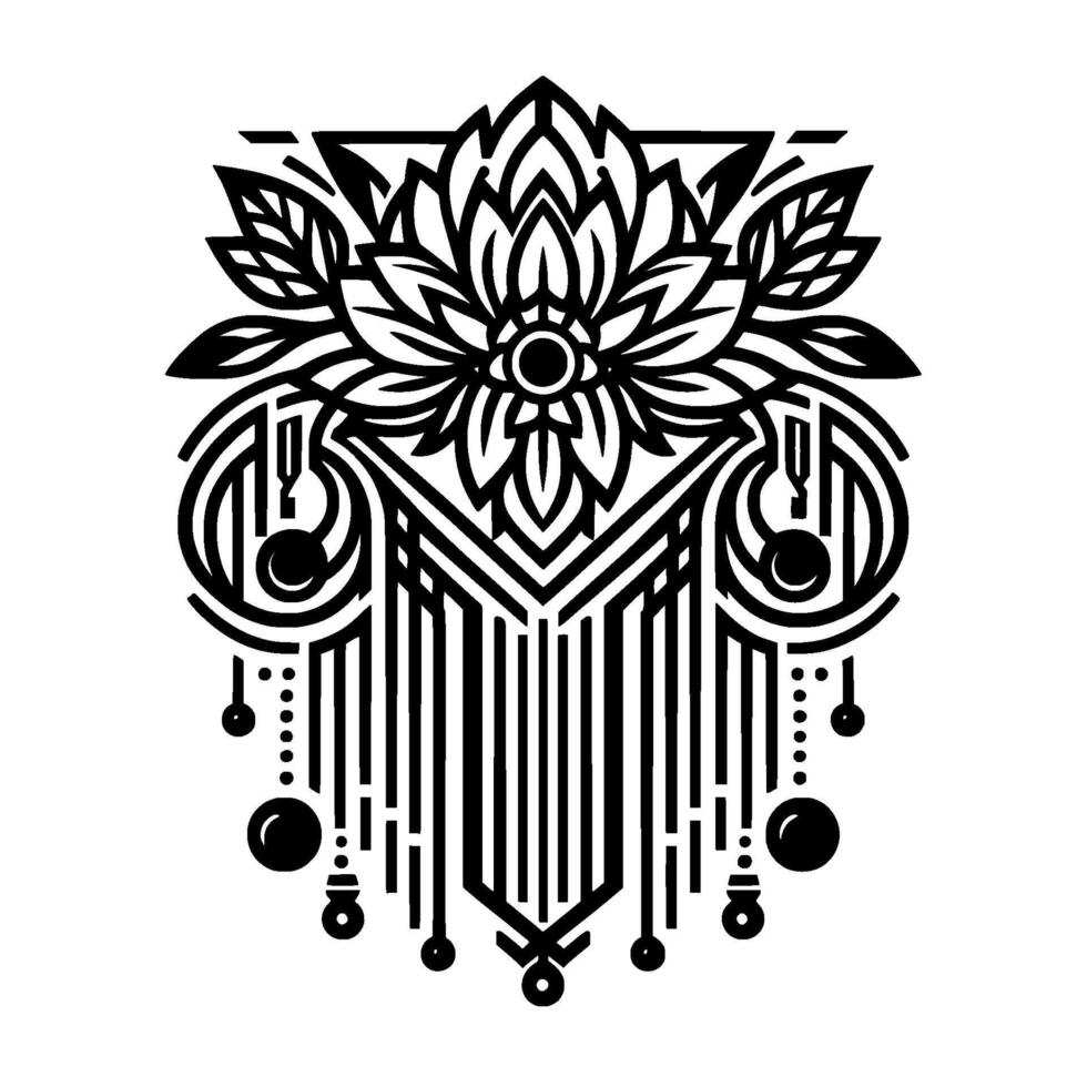 Geometric Lotus Floral Art Deco Black White Ornament vector