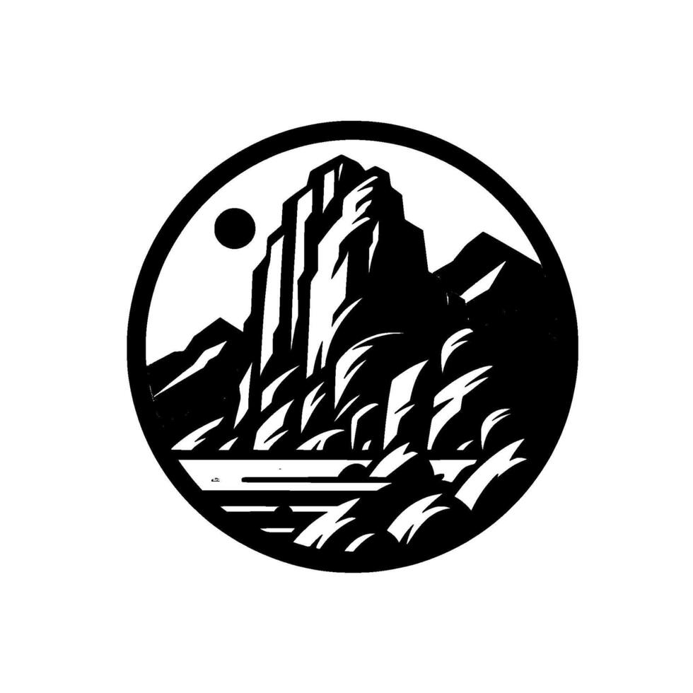 Minimalist mountain landscape in a circle, black and white illustration vector