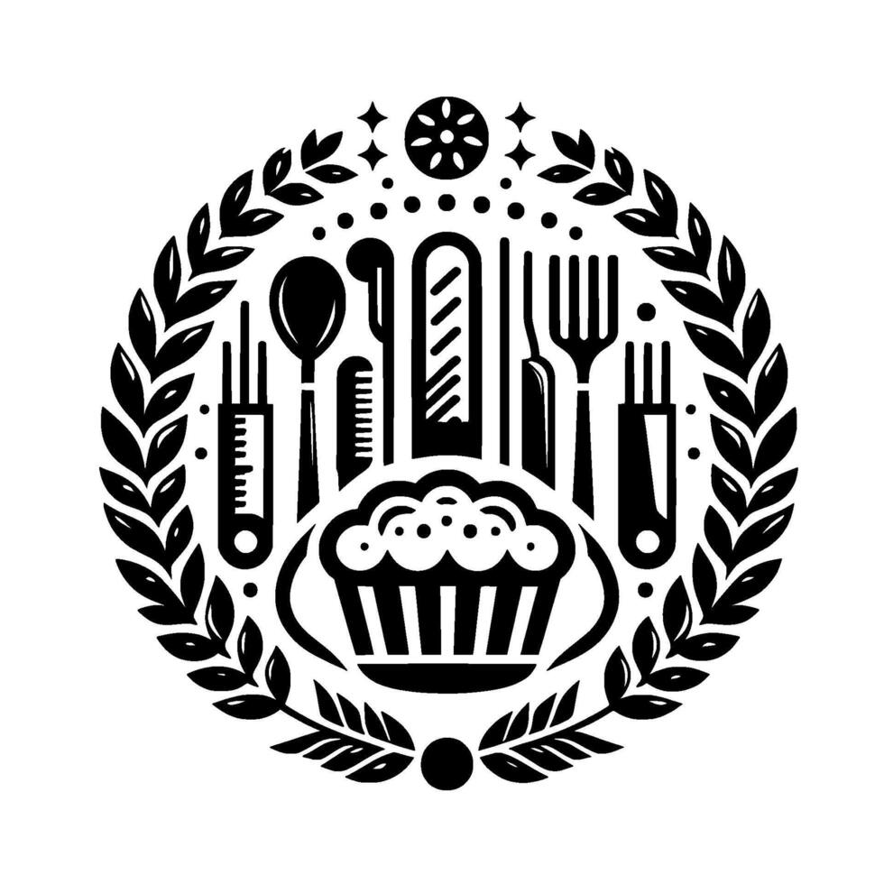 Black white kitchen emblem utensils, cake, laurel wreath vector