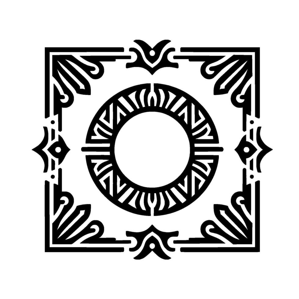 Ornamental square frame with circular center, black white vector