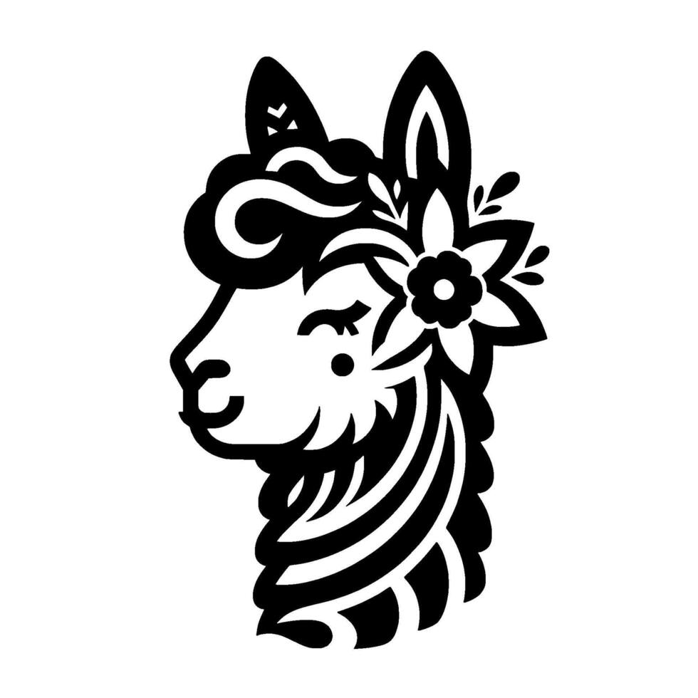 Chic alpaca illustration floral in black and white, smiling and stylish vector