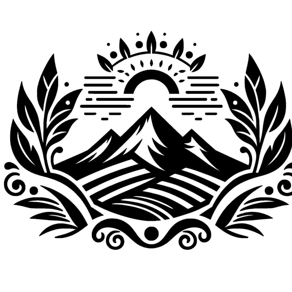 Black and white mountain landscape with foliage vector