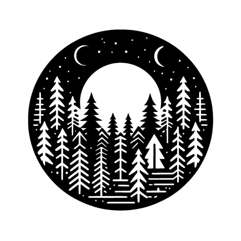 Minimalist forest night scene illustration moon, stars, trees, and a crescent vector