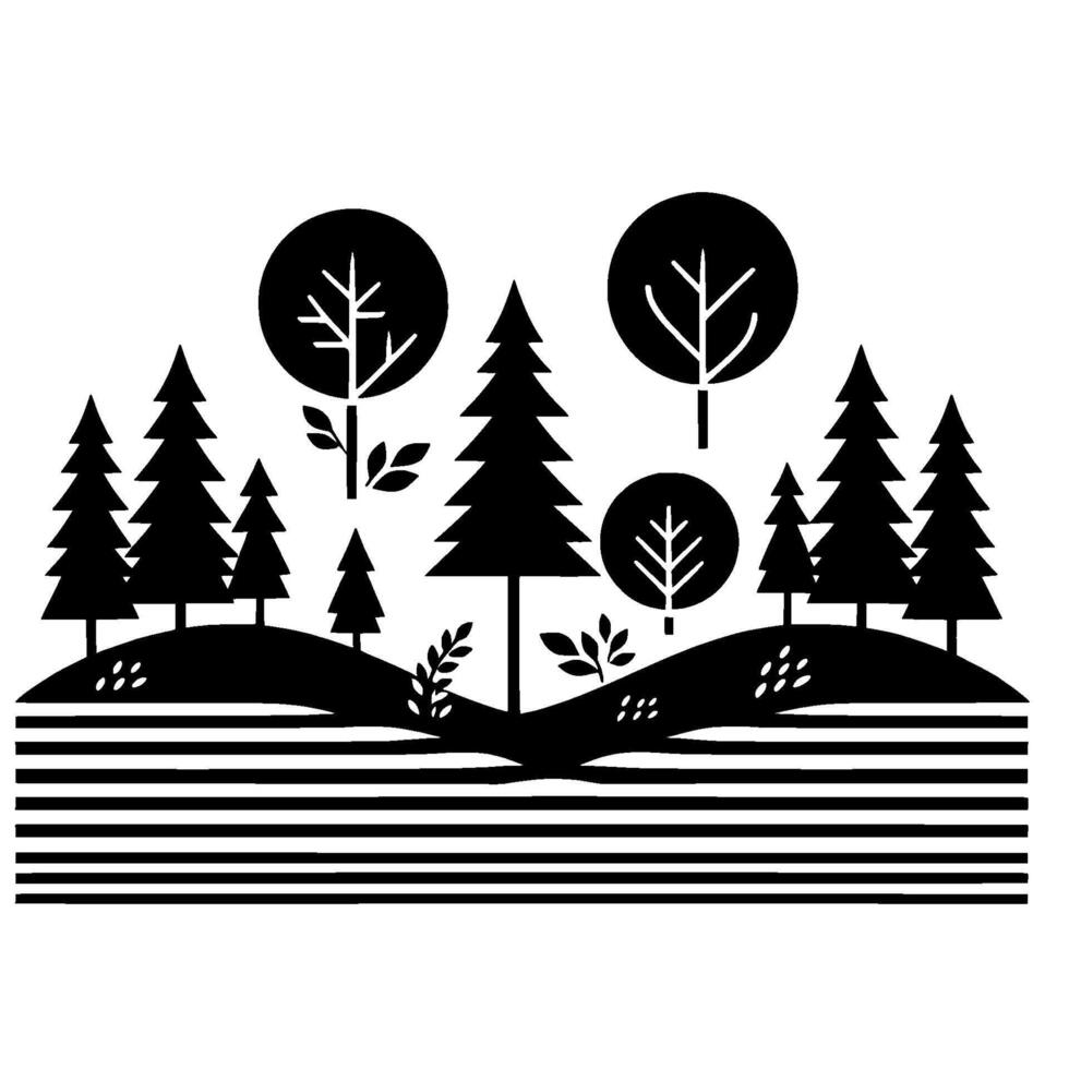 Minimalist forest landscape illustration in black and white vector