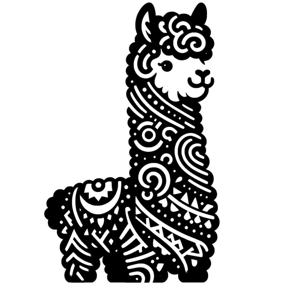 Stylized black and white decorative alpaca illustration vector