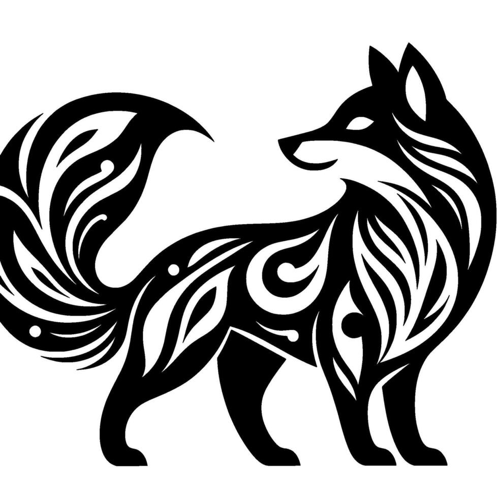 Tribal fox silhouette black white, decorative illustration vector