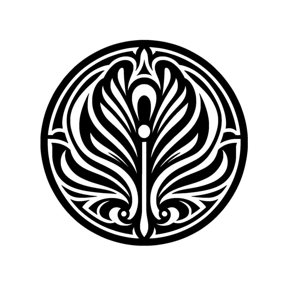 Black white art deco floral emblem, circular vector