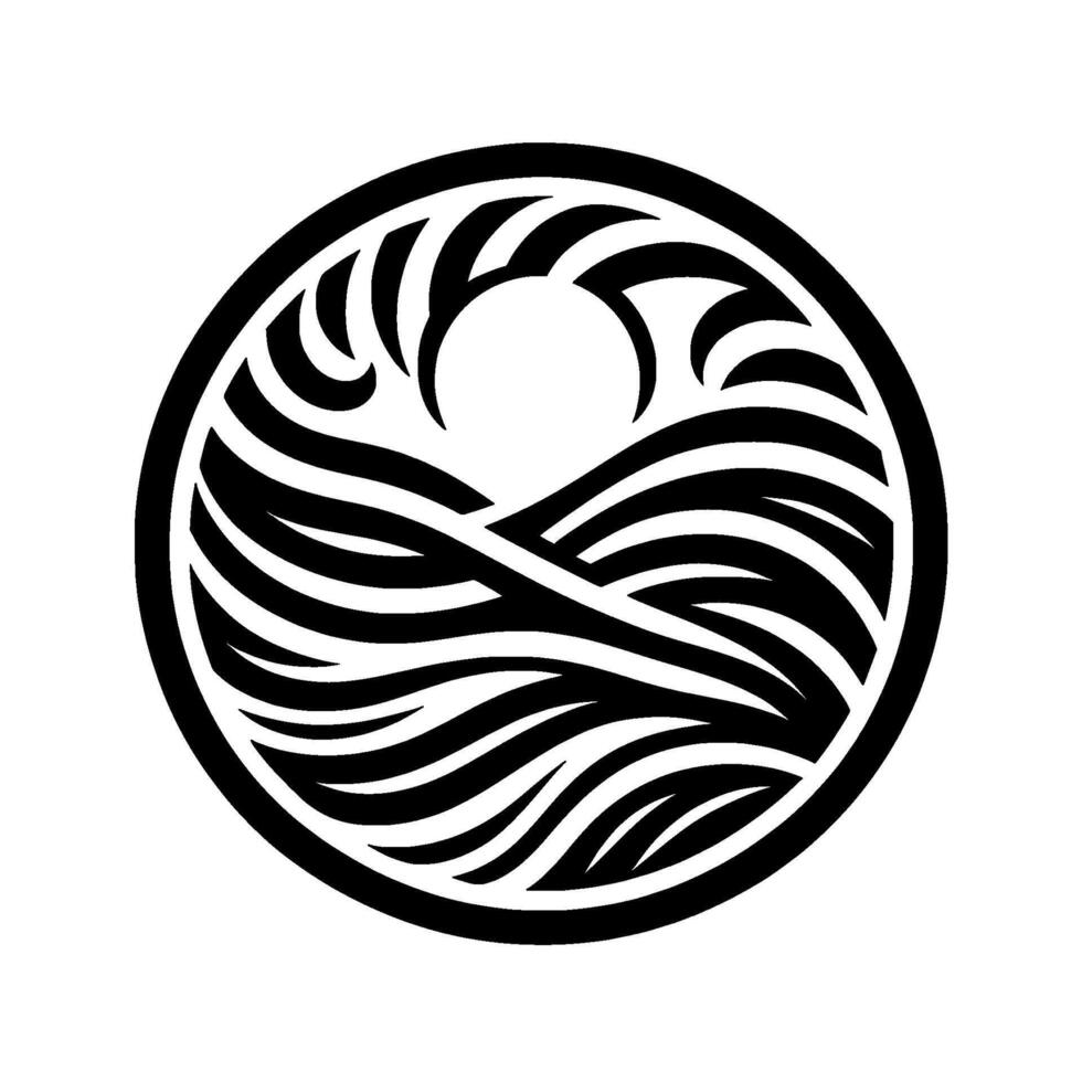 Minimalist black and white sun and waves emblem vector