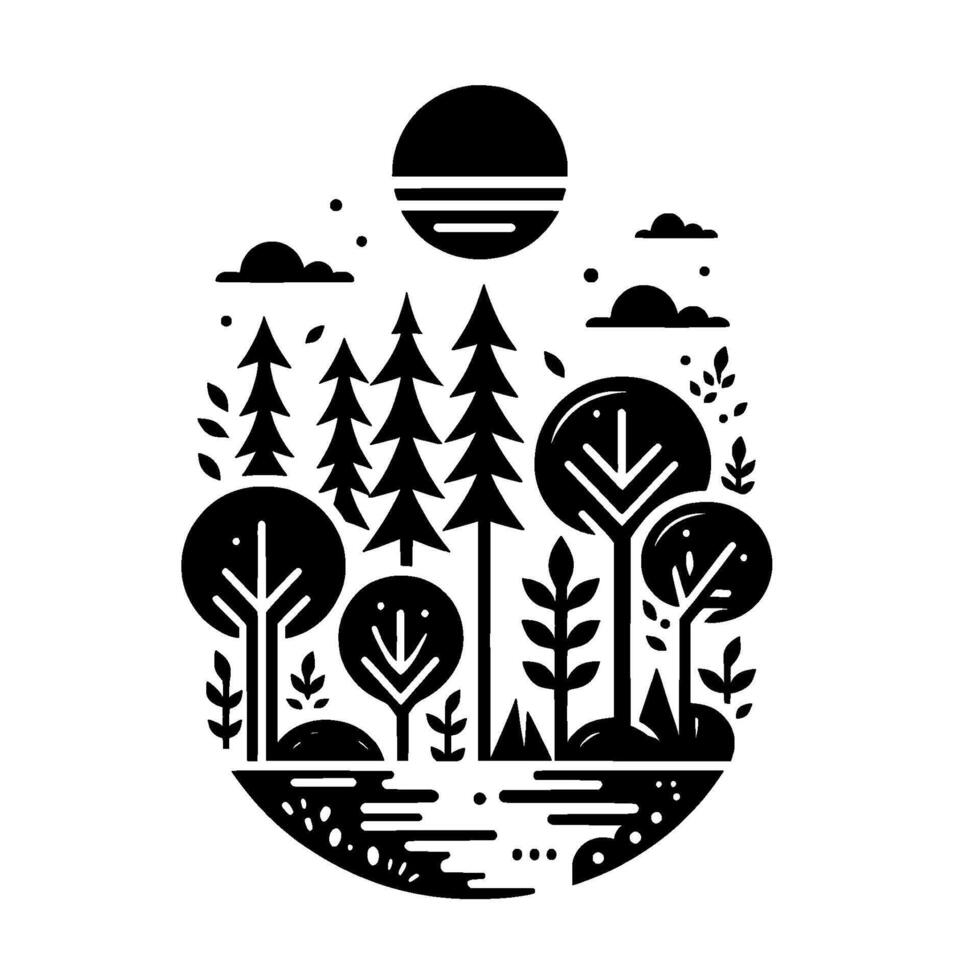 Stylized forest scene black and white illustration vector