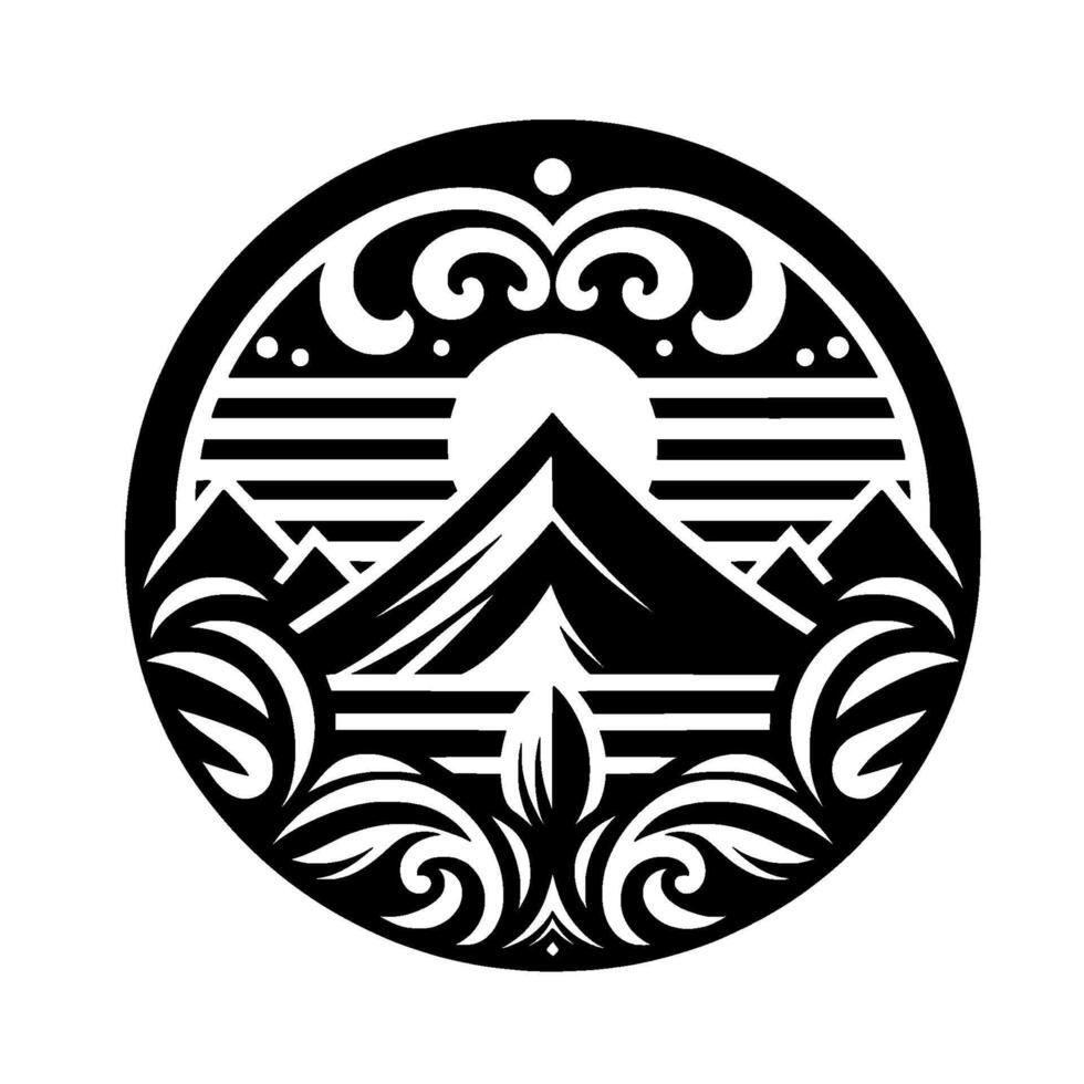 Black and white mountain landscape emblem with decorative elements vector