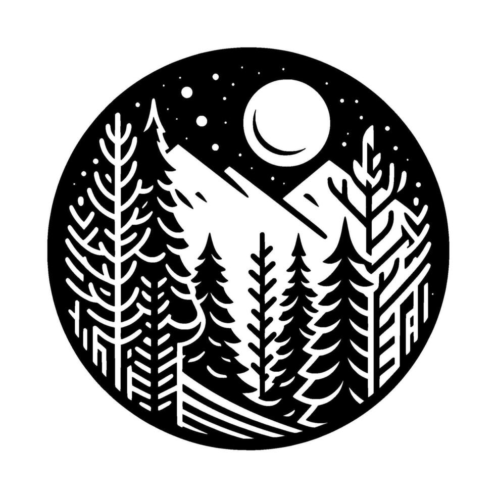 Night forest mountain scene in circle, black and white vector