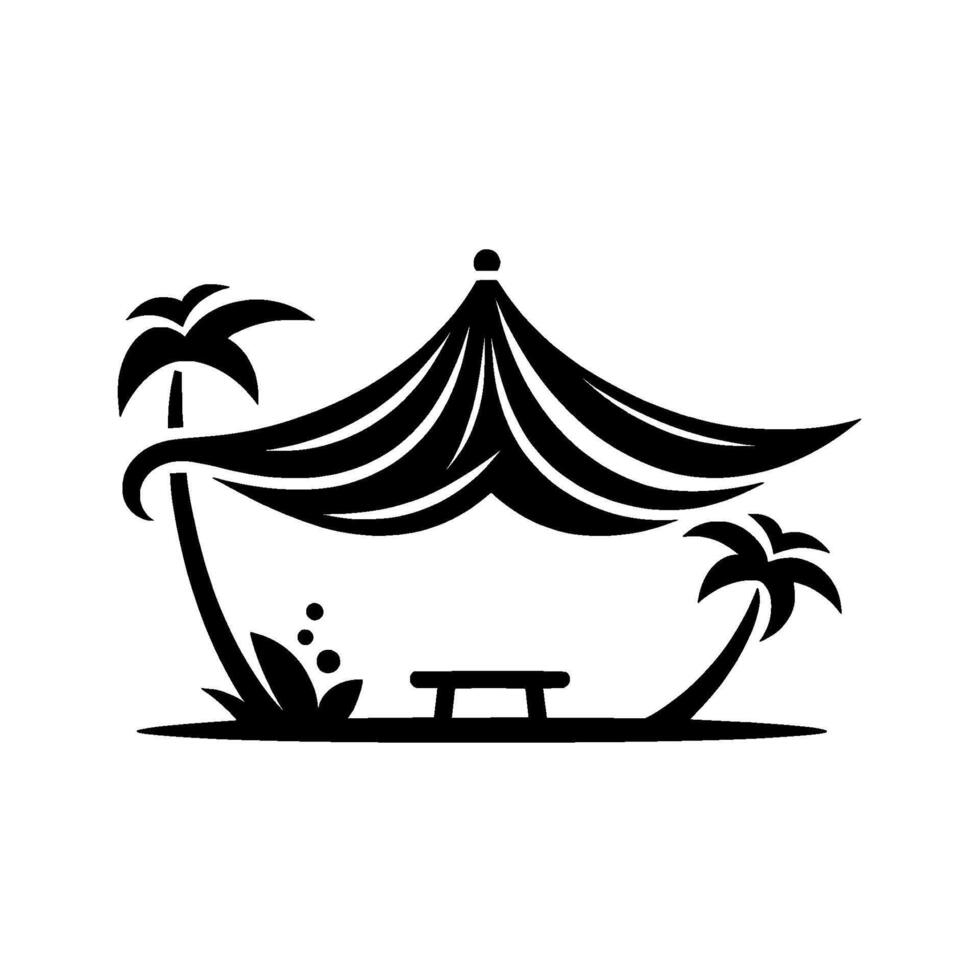 Minimalist beach scene umbrella, palm trees, bench, black and white vector