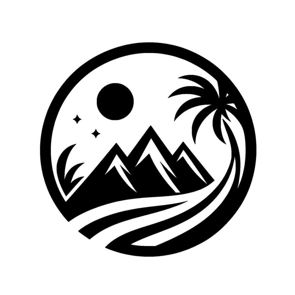 Black white scenic circle mountains, palm tree, and starry sky vector