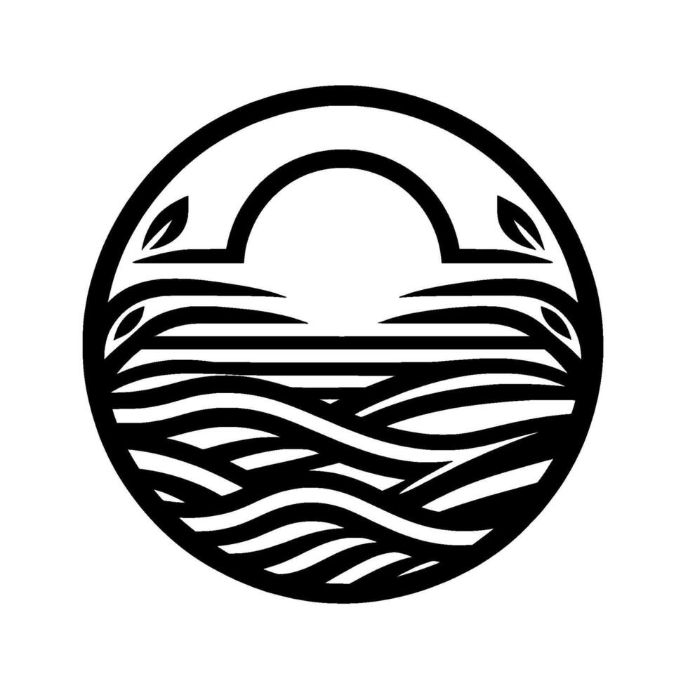 Abstract black and white nature circle, waves, leaves vector
