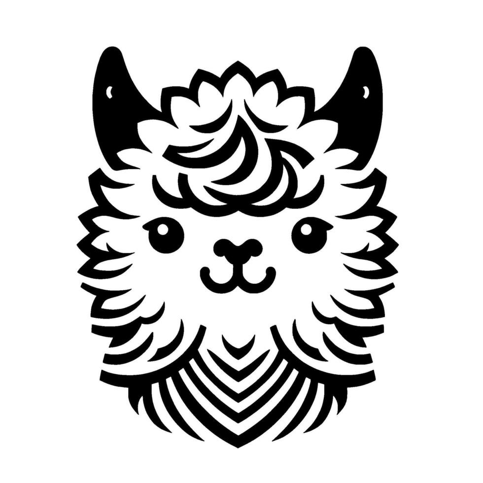 Smiling llama black and white, cute animal vector