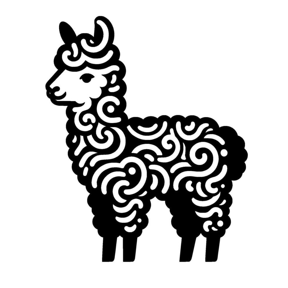 Elegant black and white alpaca illustration, decorative swirls vector
