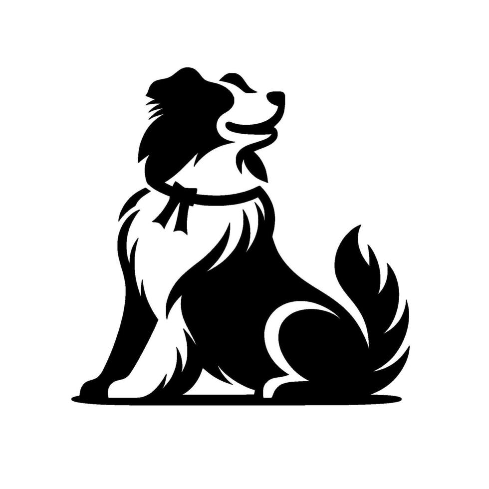 Border collie silhouette looking upward, black white vector