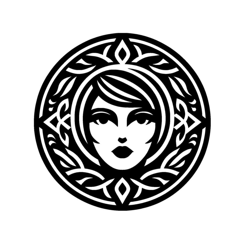 Celtic goddess elegant black white portrait in ornamental circle vector