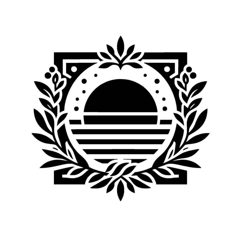 Minimalist black white badge sunset, laurel wreath, emblem vector