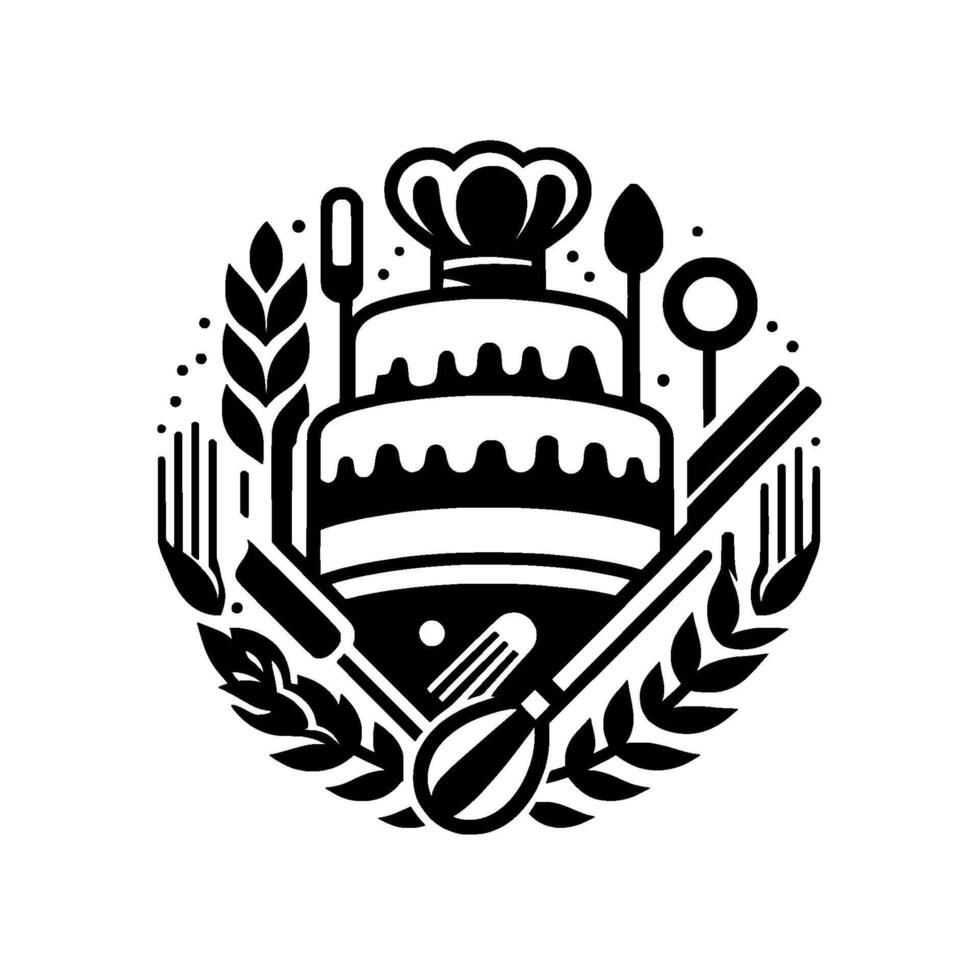 Bakery cake, tools, chef hat, monochrome vector