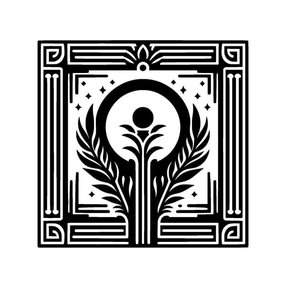 Geometric botanical emblem in art deco style, black white vector
