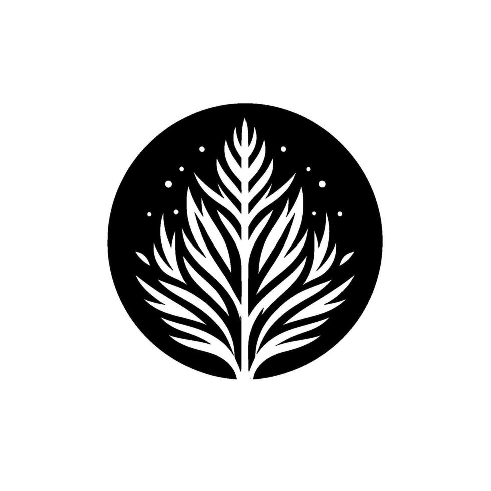 Minimalist leaf emblem in circle, black and white, botanical vector