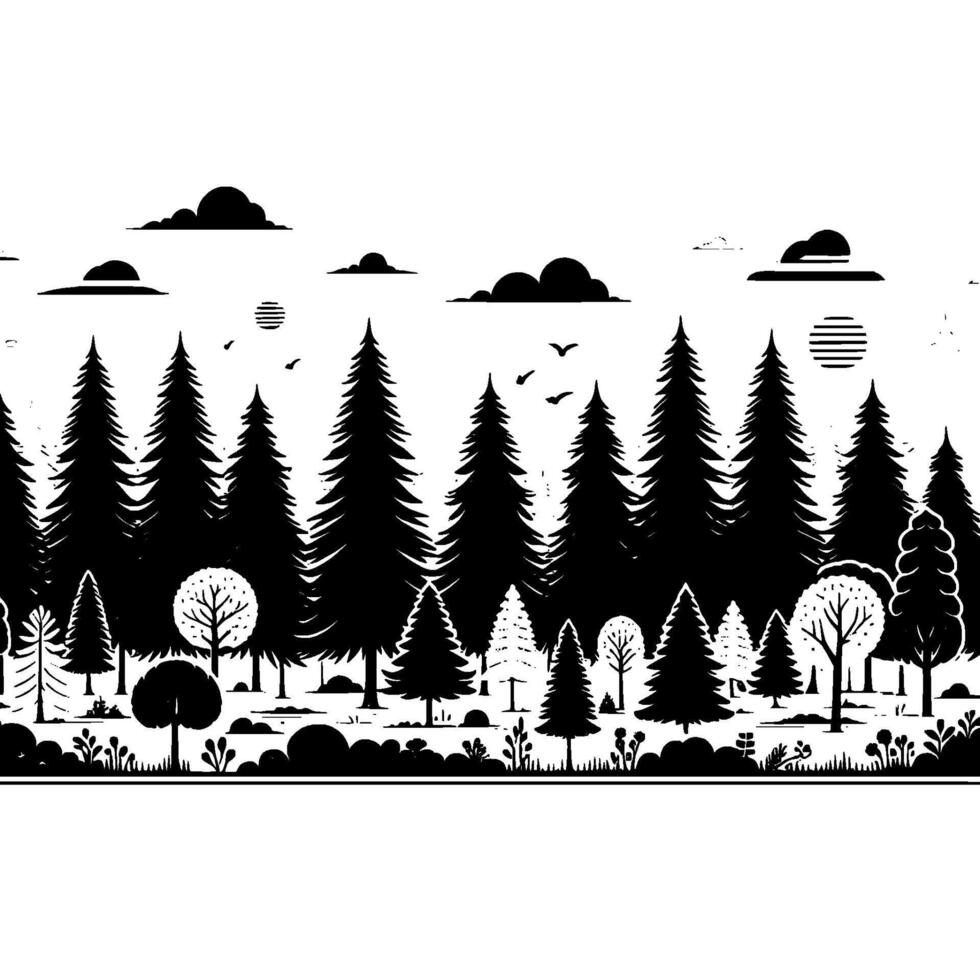 Black white forest illustration minimalist nature scene for vector