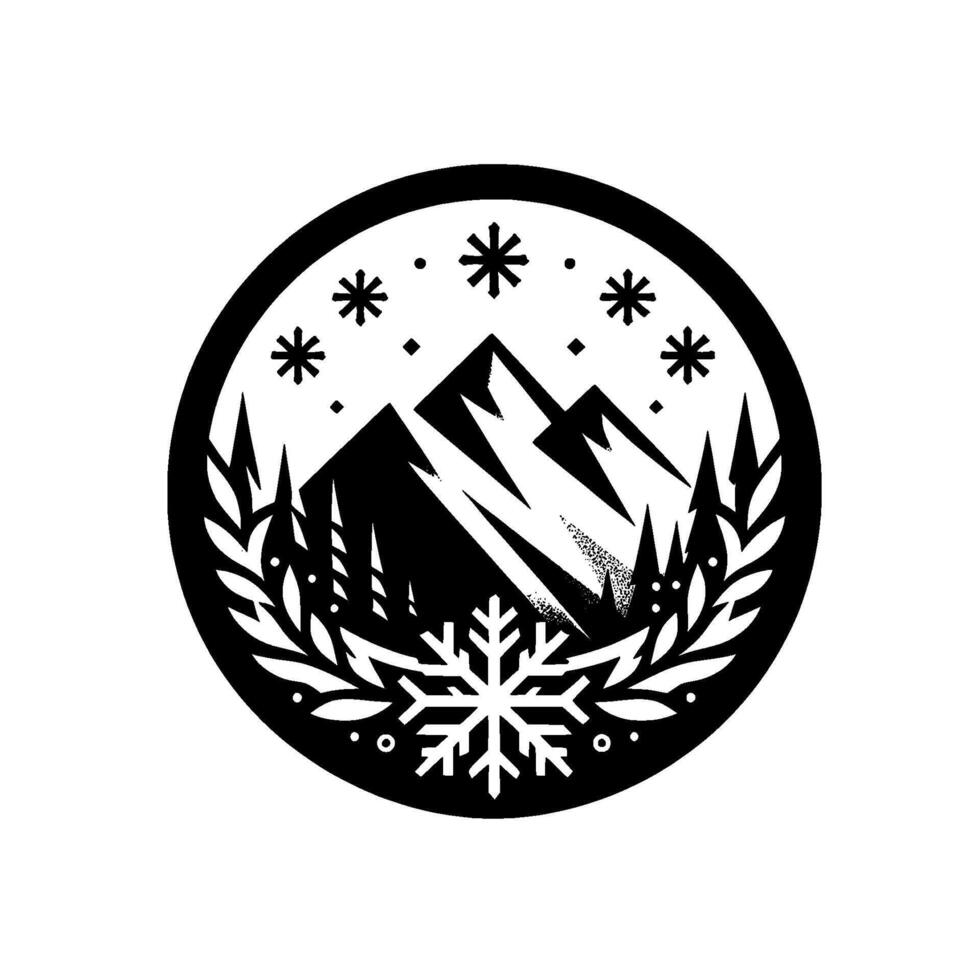 Winter mountain badge in circle monochromatic illustration vector