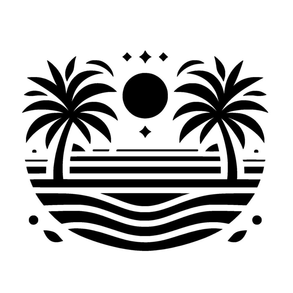Minimalist tropical beach emblem palms, sun, and waves vector