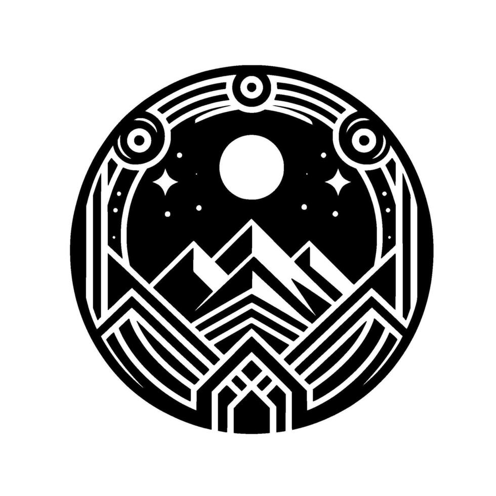 Art deco mountainscape circle , night sky, black and white vector