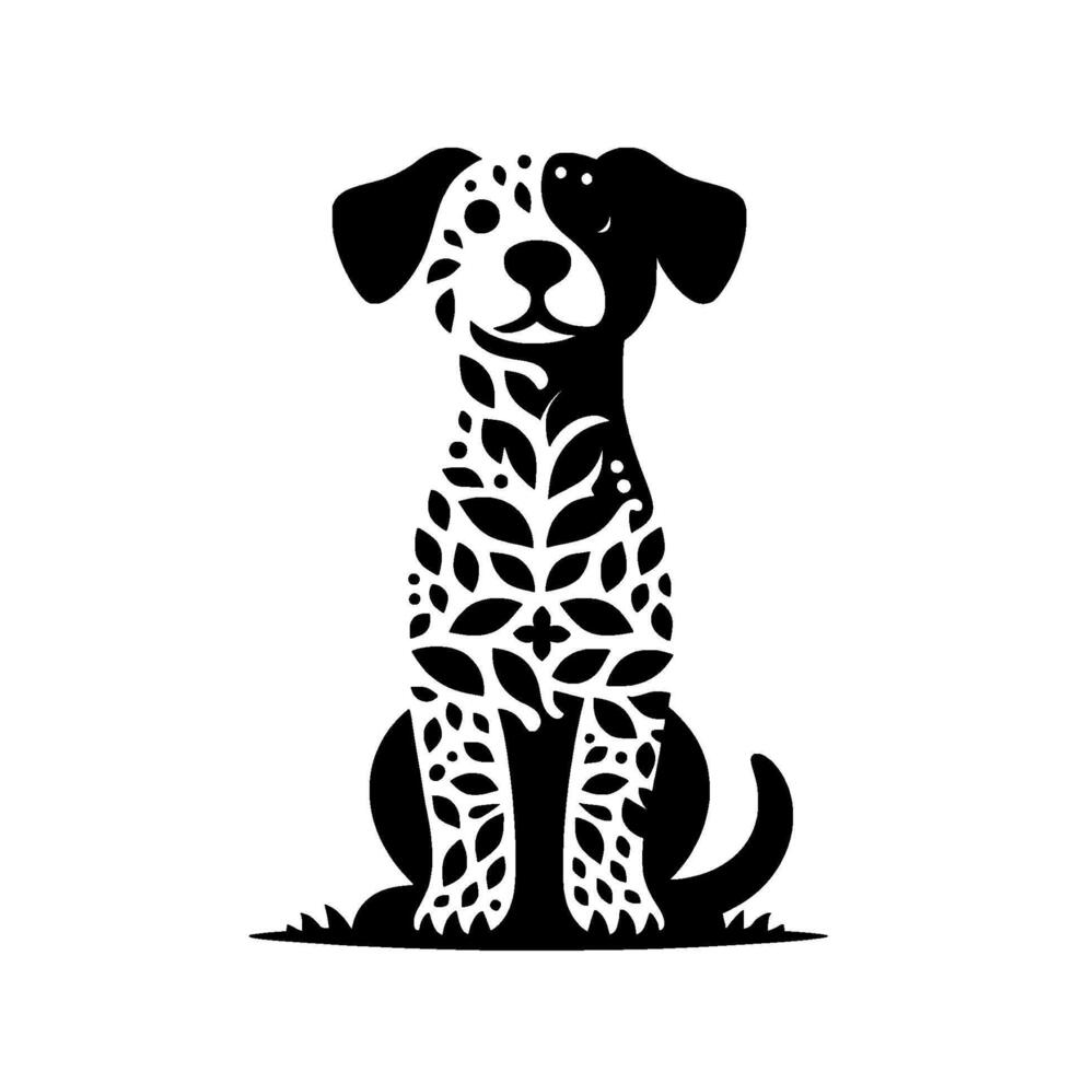 Floral dog silhouette illustration black white art vector
