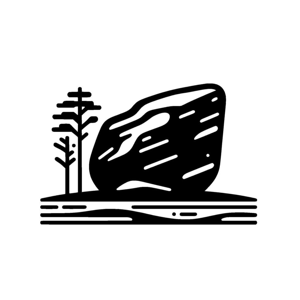 Minimalist landscape rock and tree, black and white vector