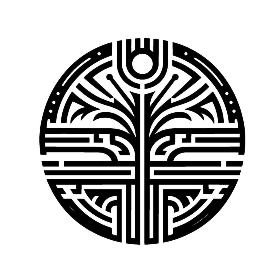 Abstract circular ornament geometric tree , black and white vector