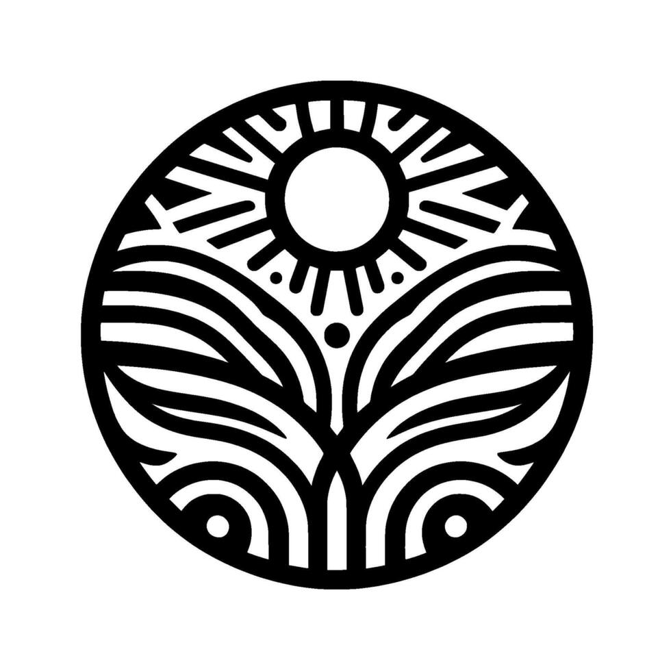 Minimalist circular nature sun, field leaves, black white vector