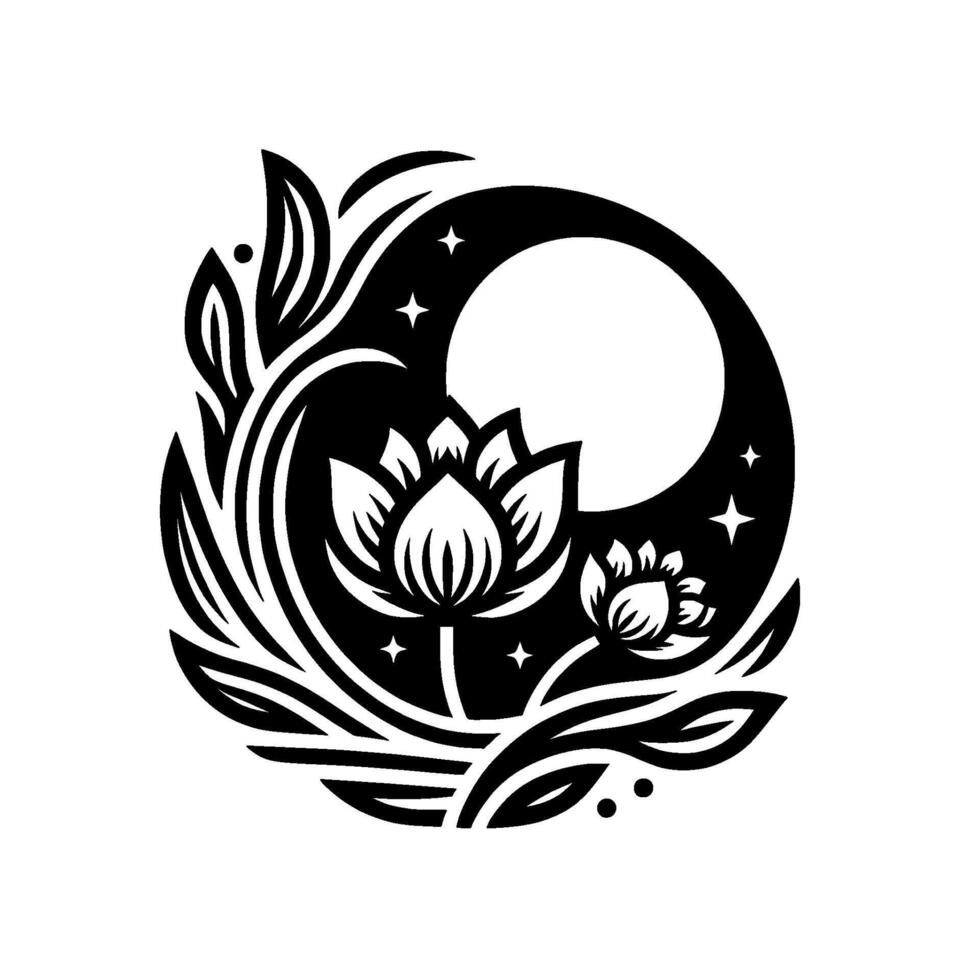 Lotus flower moon silhouette, black and white vector