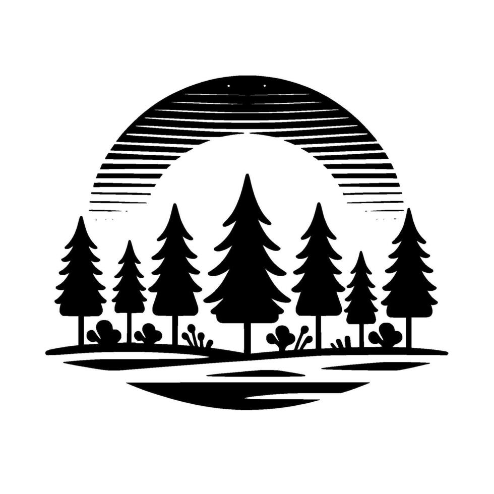 Minimalist forest silhouettes under a striped sun in black and white vector