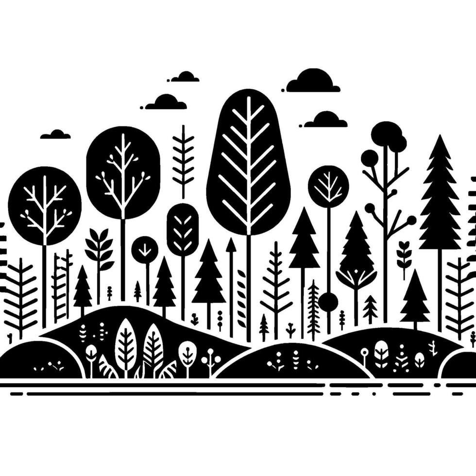 Monochrome forest landscape illustration trees, hills clouds vector