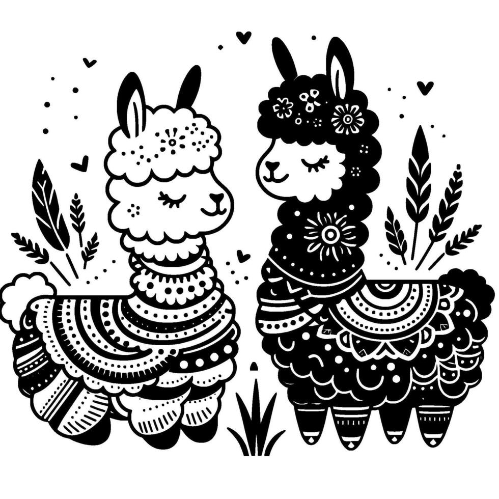 Whimsical llama duo black white boho animals with floral accents vector