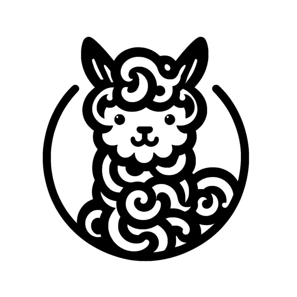 Whimsical alpaca black white, curly wool, cute vector