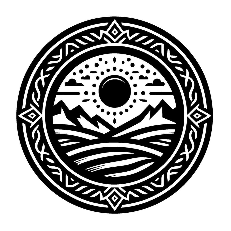 Celtic landscape emblem mountains, sun circle border vector
