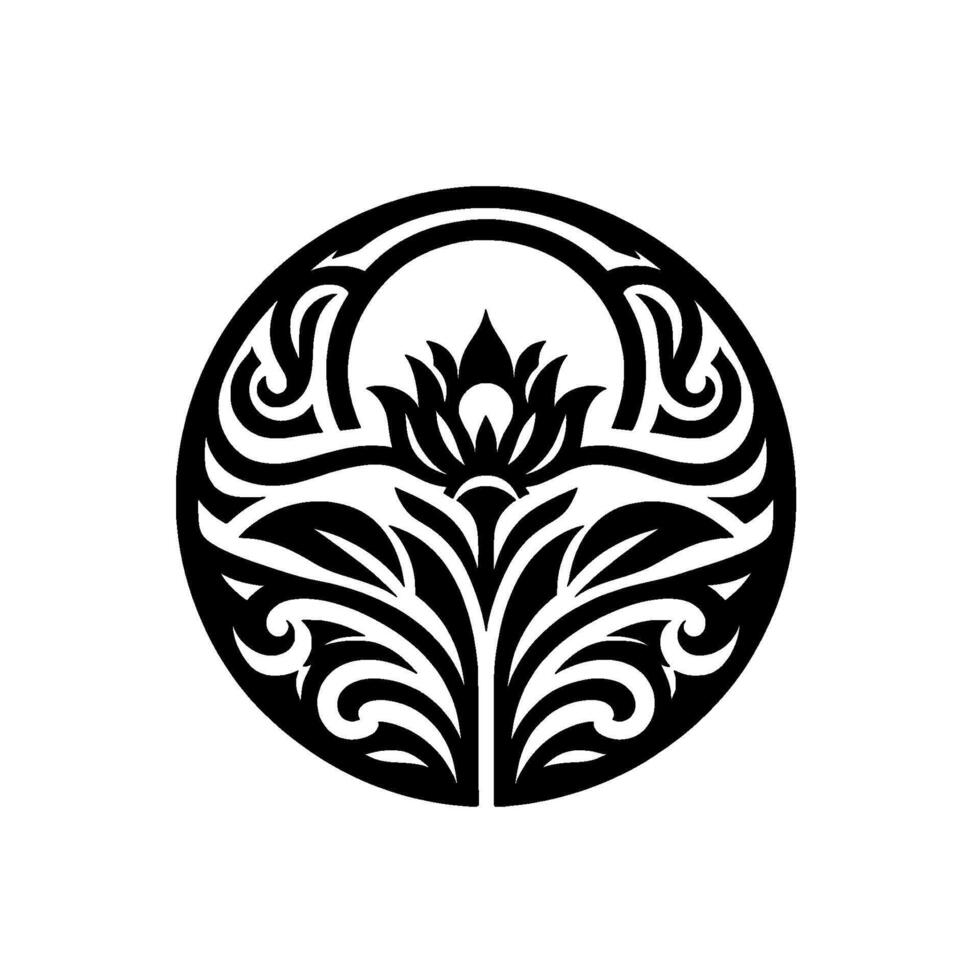 Intricate lotus flower emblem in circle, black white vector