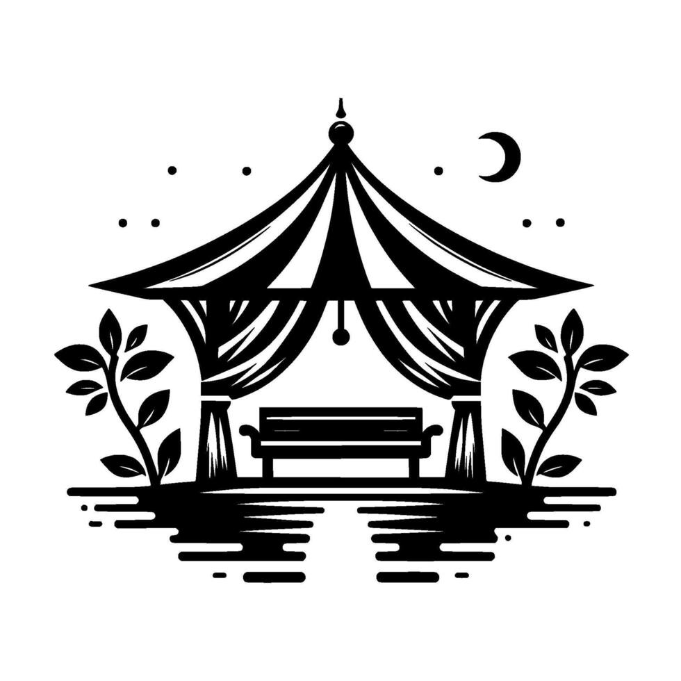 Black white gazebo silhouette with moon and stars vector